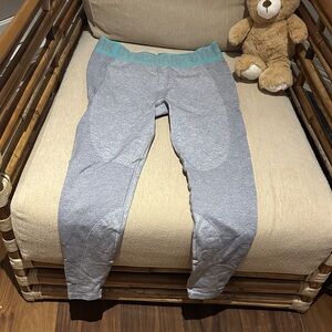 Gymshark Light Gray Leggings with Teal Waistband